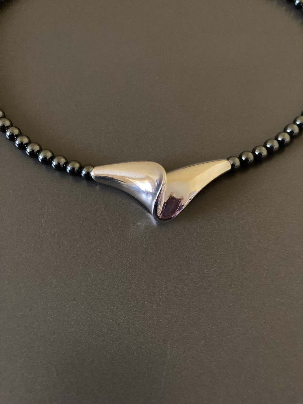 Danish Silver Pendant on Hematite Necklace. 1960s. View II
