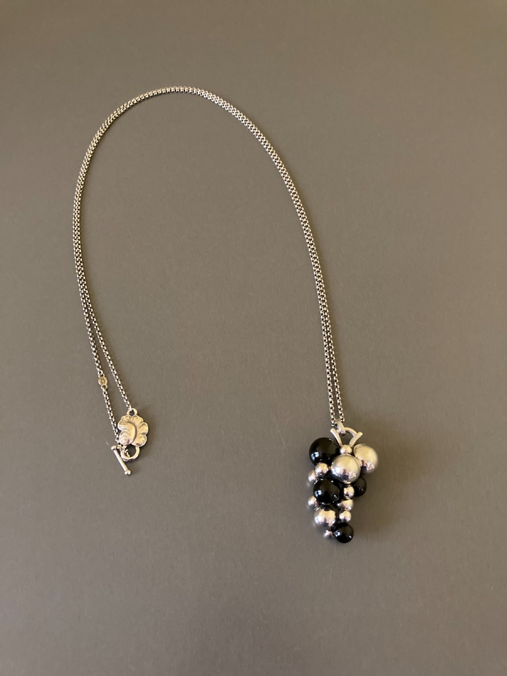 Georg Jensen Large Danish Silver and Onyx Grape Pendant.