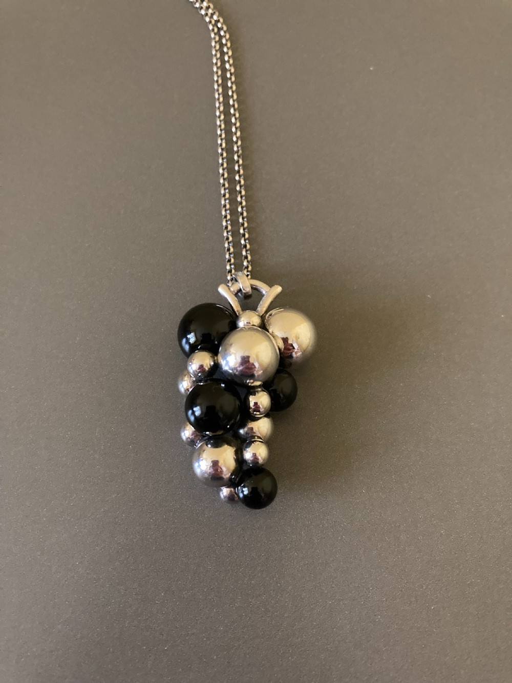 Georg Jensen Large Danish Silver and Onyx Grape Pendant. View II