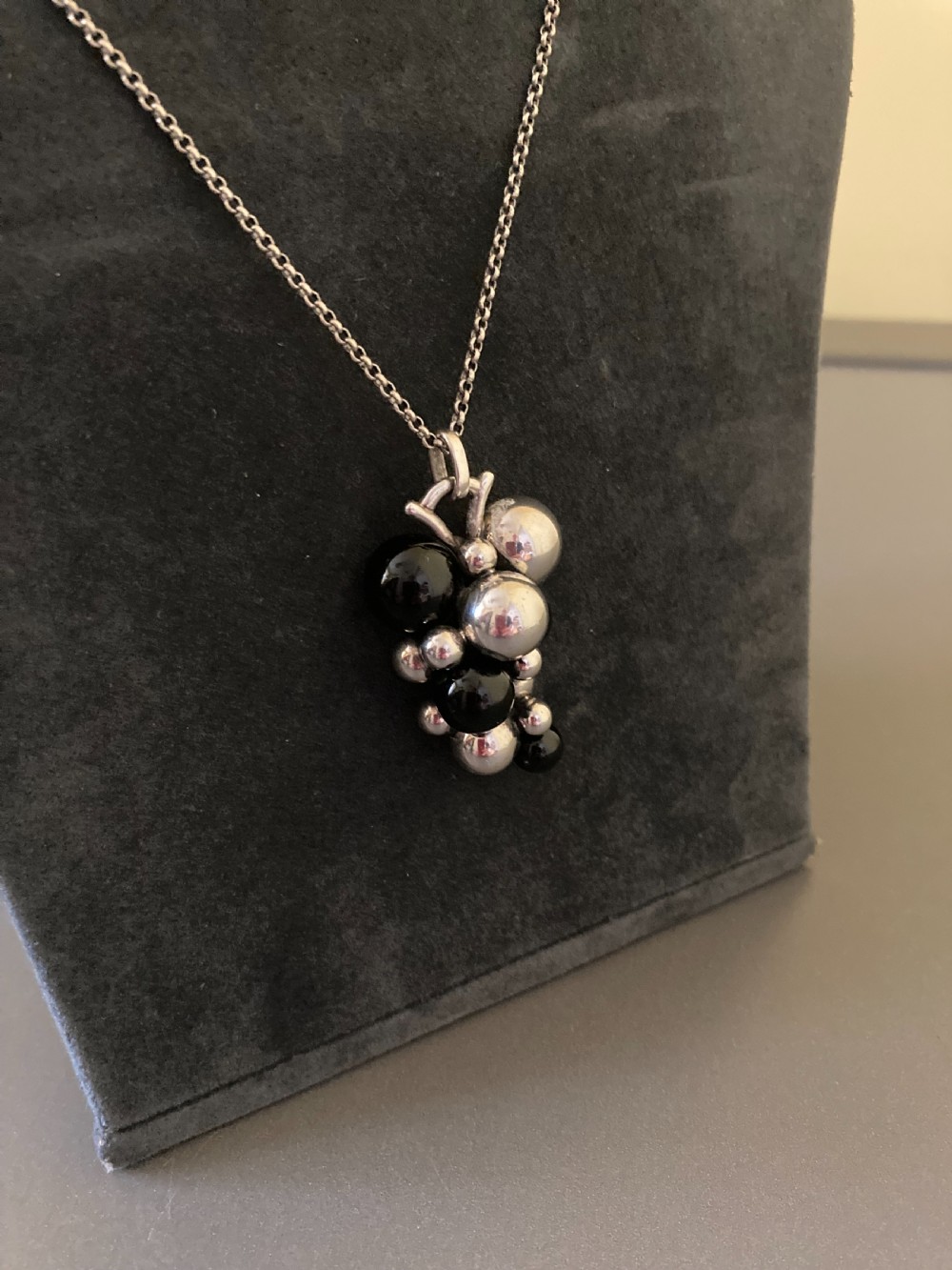 Georg Jensen Large Danish Silver and Onyx Grape Pendant. View V