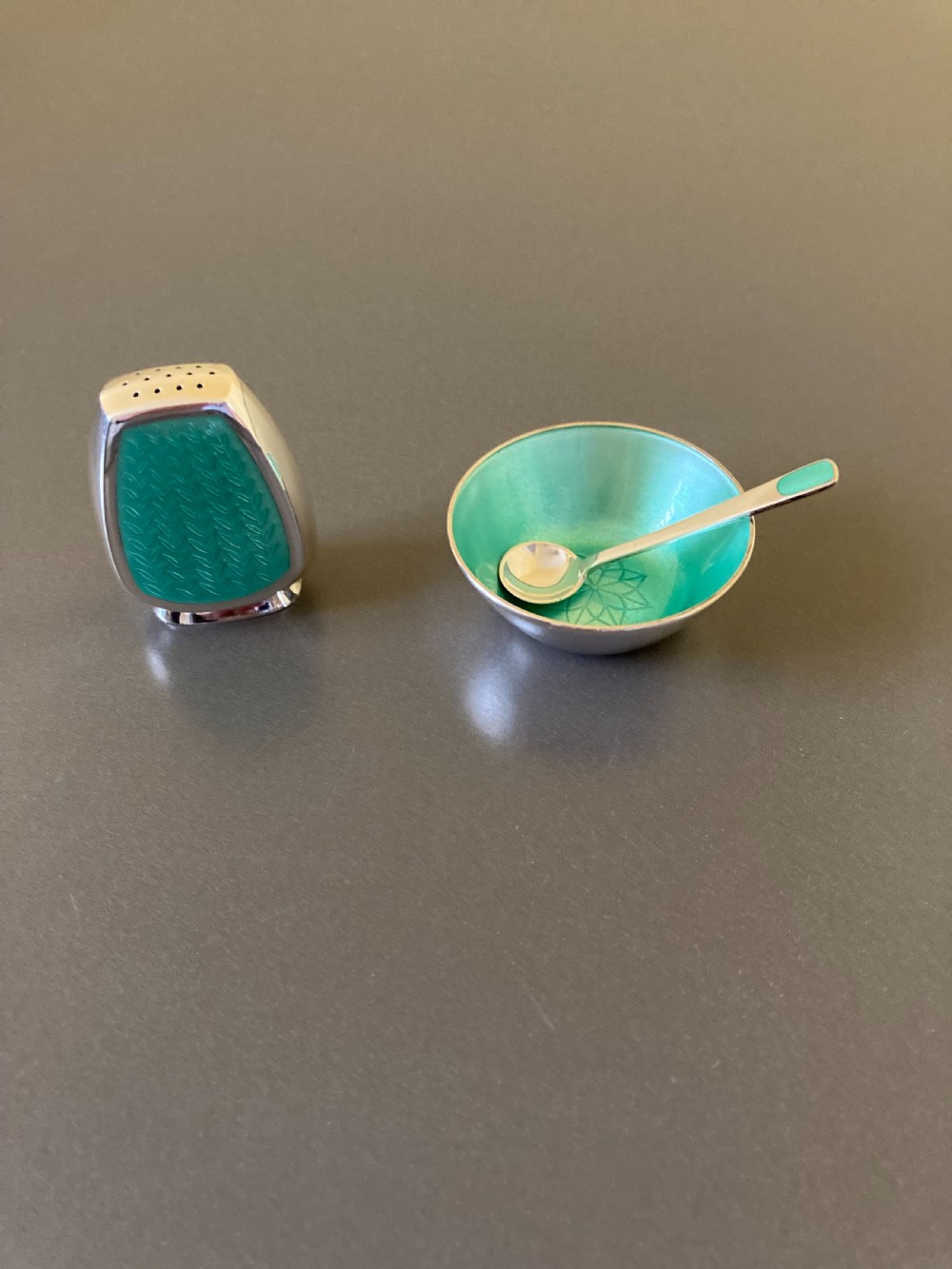 Danish Silver and Enamel Cruet Set. By Anton Michelsen.