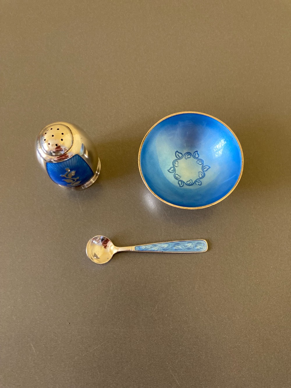 Danish Silver and Enamel Cruet Set. By Volmer Bahner. View II