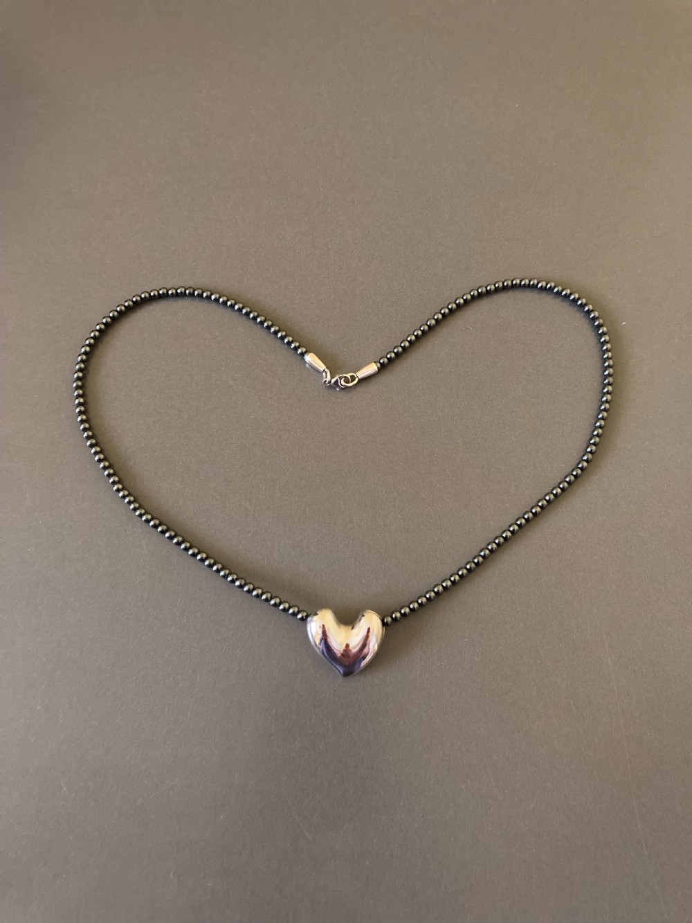 Georg Jensen Danish Silver Heart on Hematite Bead Necklace. 1960s