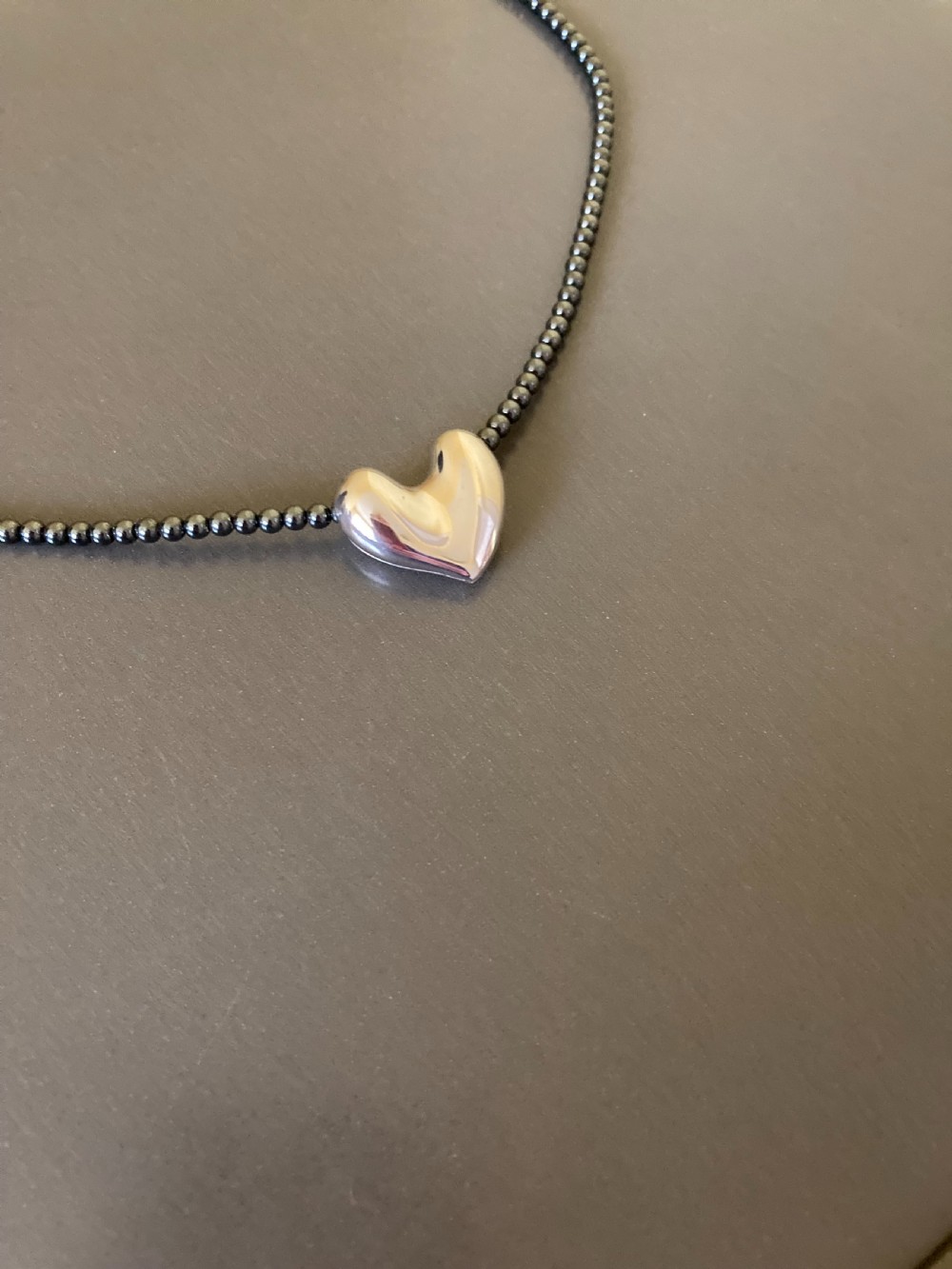 Georg Jensen Danish Silver Heart on Hematite Bead Necklace. 1960s View II
