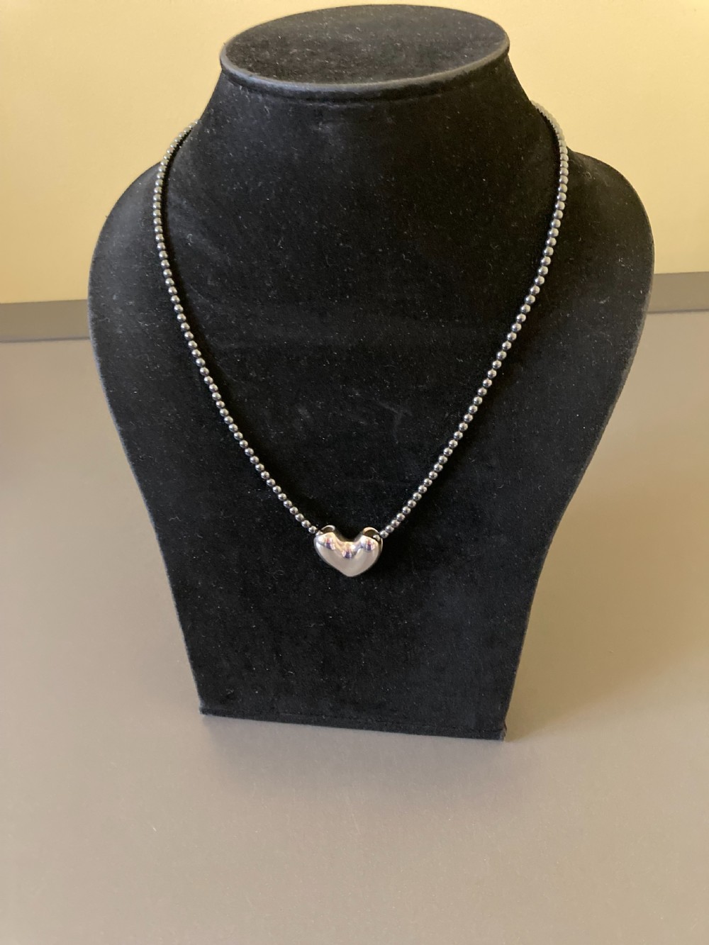 Georg Jensen Danish Silver Heart on Hematite Bead Necklace. 1960s View III