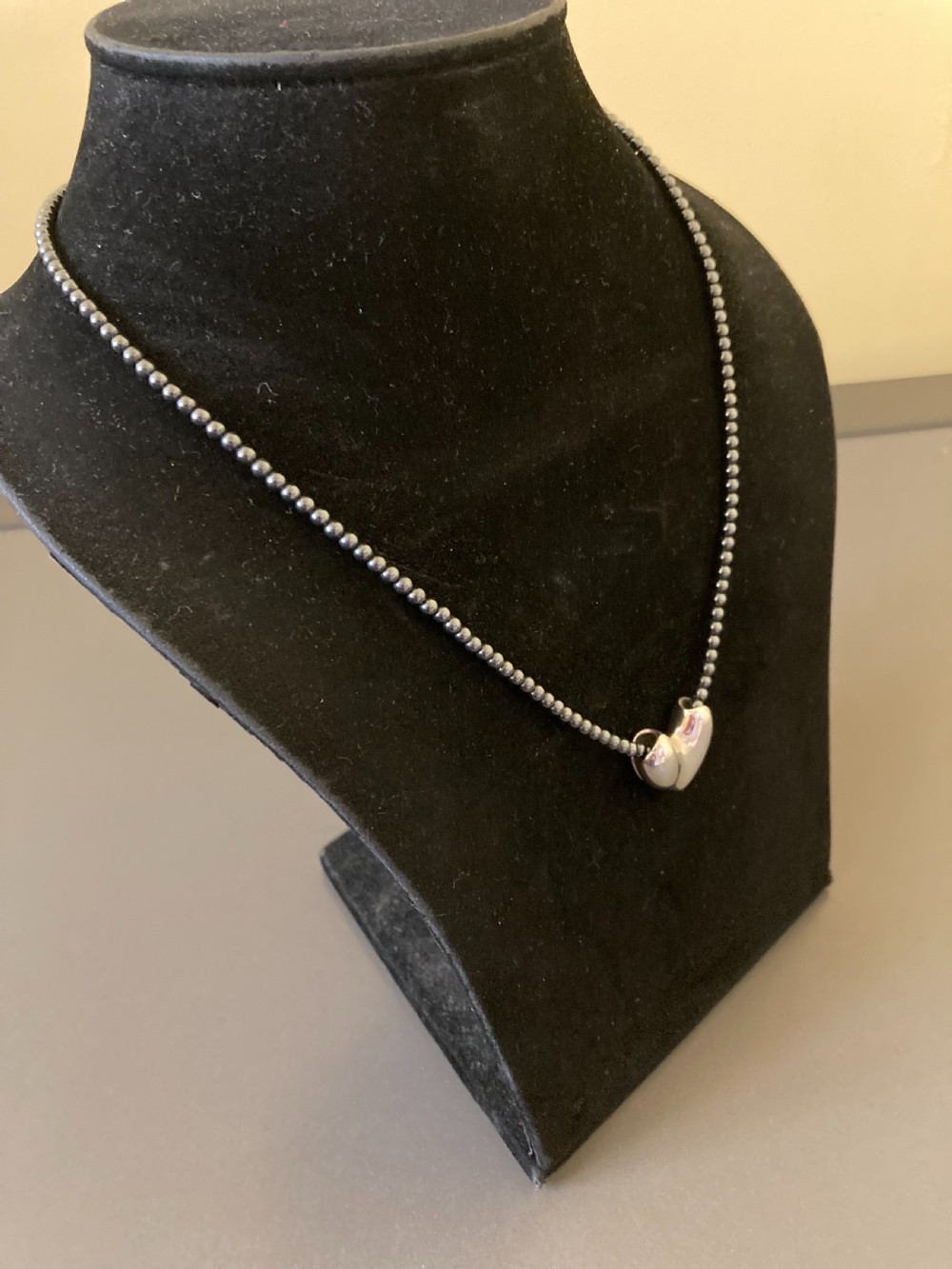 Georg Jensen Danish Silver Heart on Hematite Bead Necklace. 1960s View IV