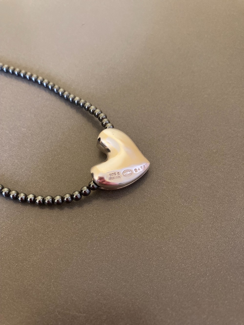 Georg Jensen Danish Silver Heart on Hematite Bead Necklace. 1960s View V