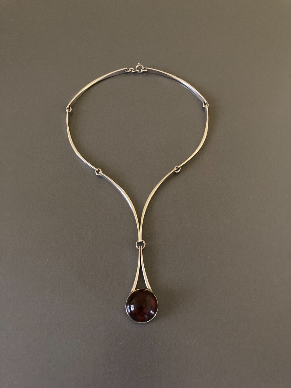 Danish Silver Necklace with Amber pendant. 1960s. By N E From