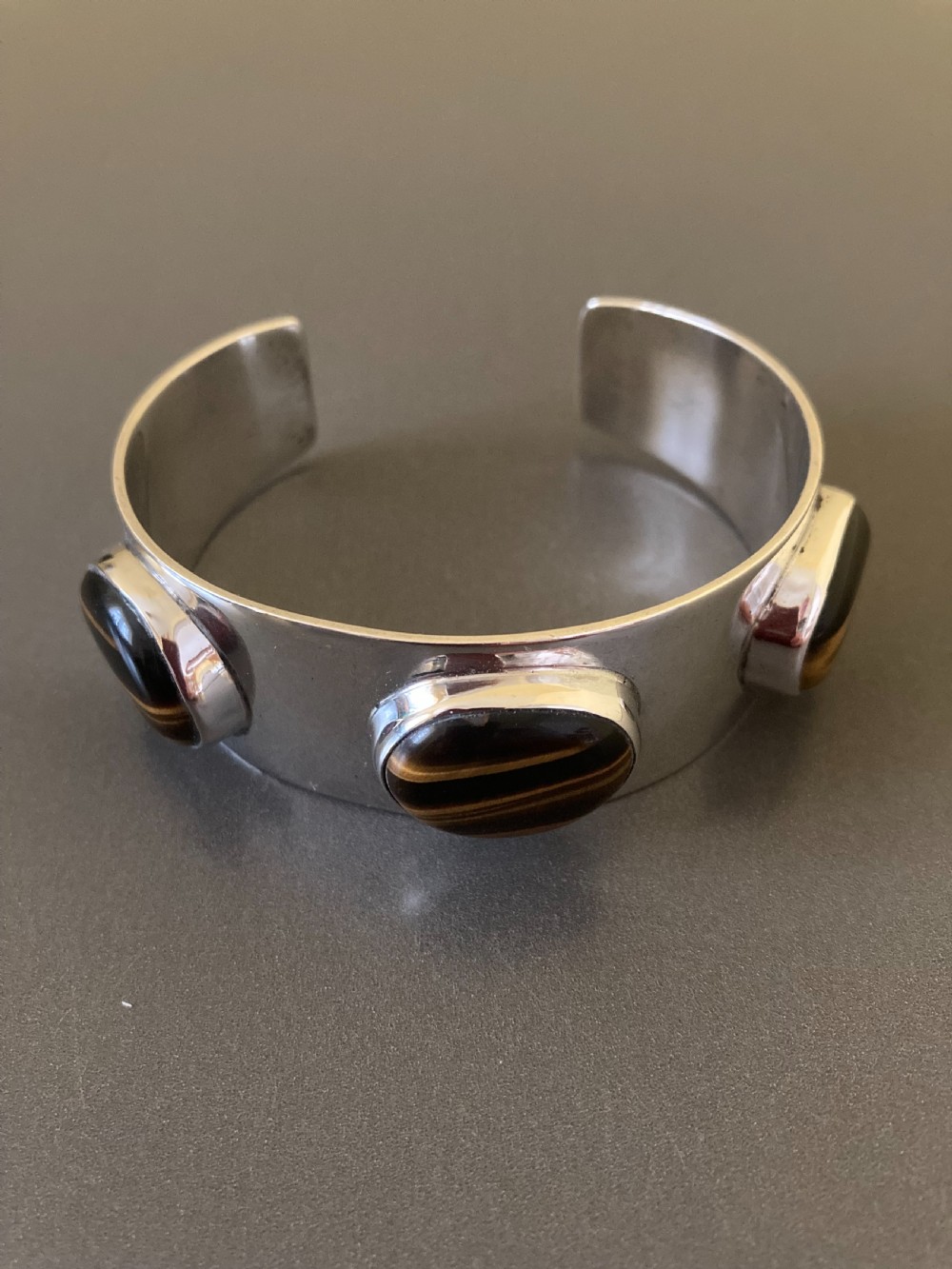 Danish Silver Bangle with Tigers Eyes. By Arne Johansen. 1960s. View II
