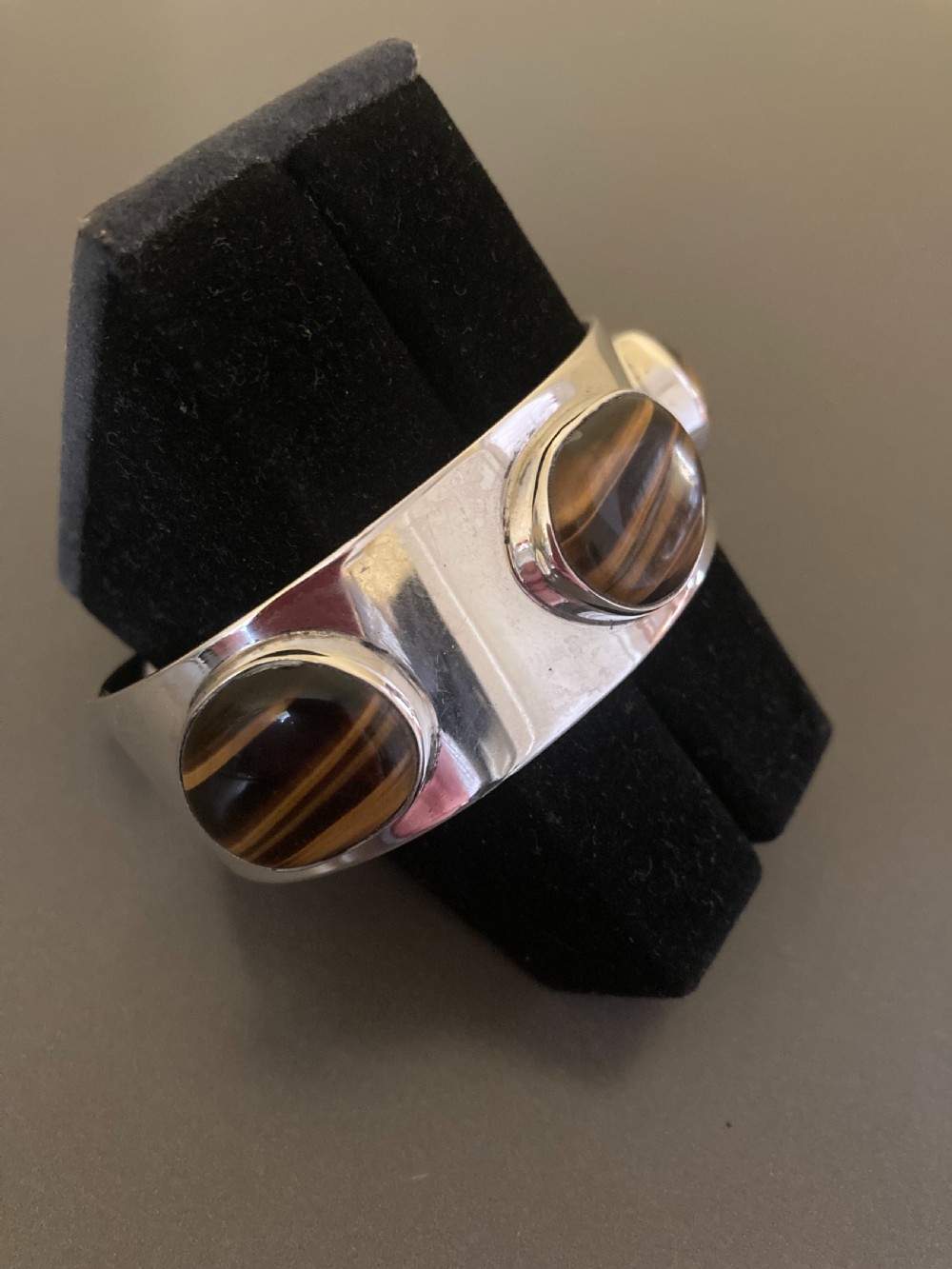 Danish Silver Bangle with Tigers Eyes. By Arne Johansen. 1960s. View IV