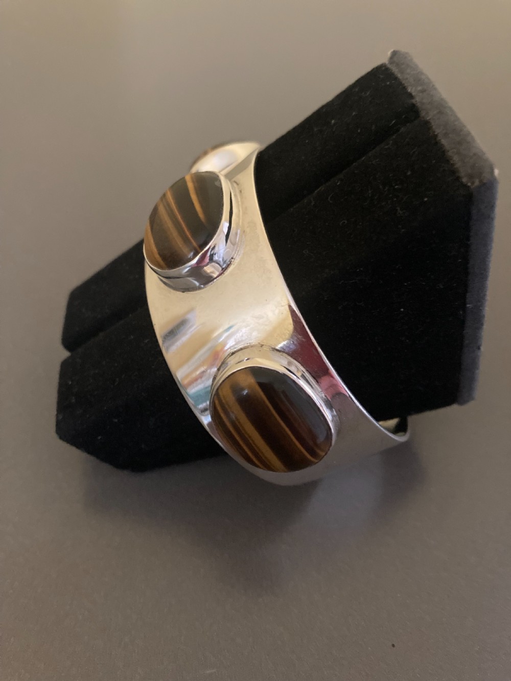 Danish Silver Bangle with Tigers Eyes. By Arne Johansen. 1960s. View V