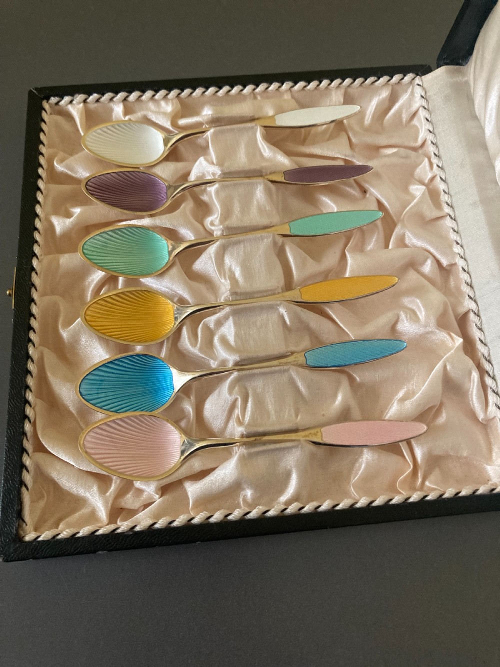 6 Danish Silver Gilt and Enamel Mocca Spoons. 1950s.