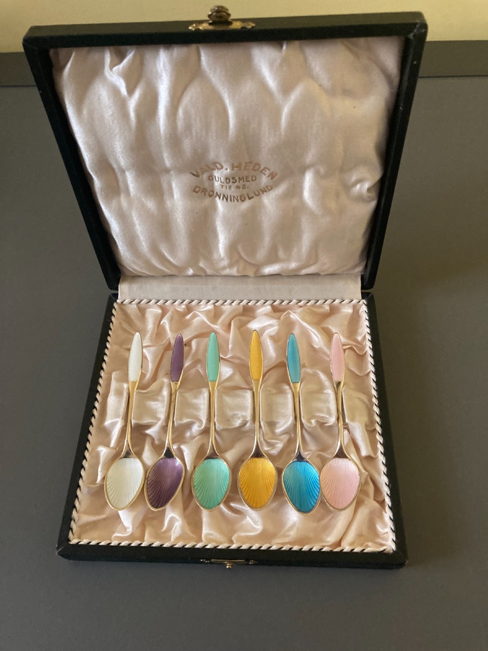 6 Danish Silver Gilt and Enamel Mocca Spoons. 1950s. View II