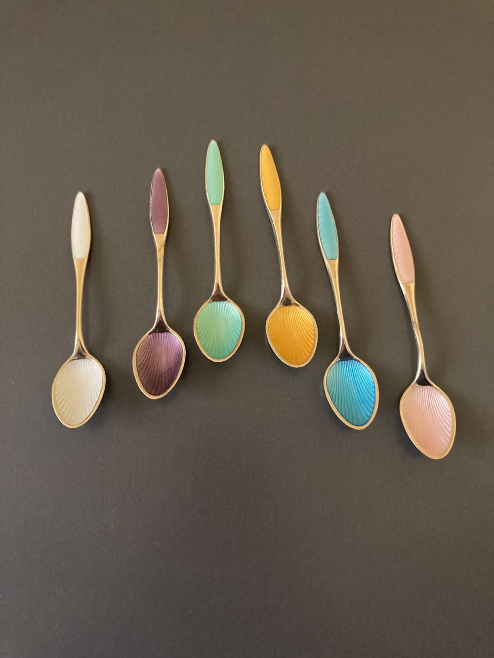6 Danish Silver Gilt and Enamel Mocca Spoons. 1950s. View III