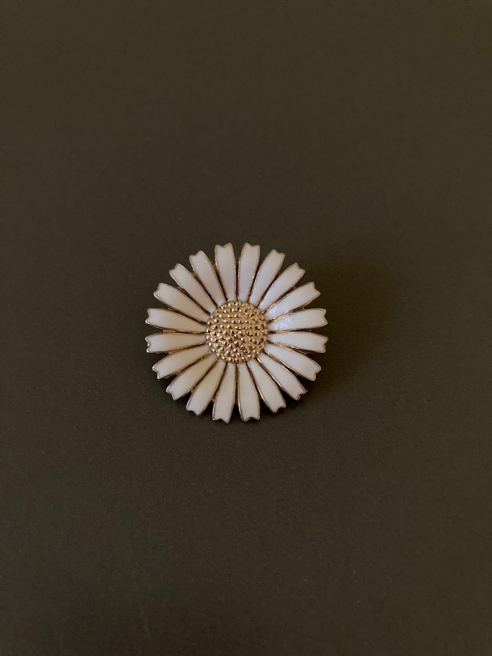 A close-up shot of a round silver and white enamel daisy brooch featuring textured gilt metal details at the centre.