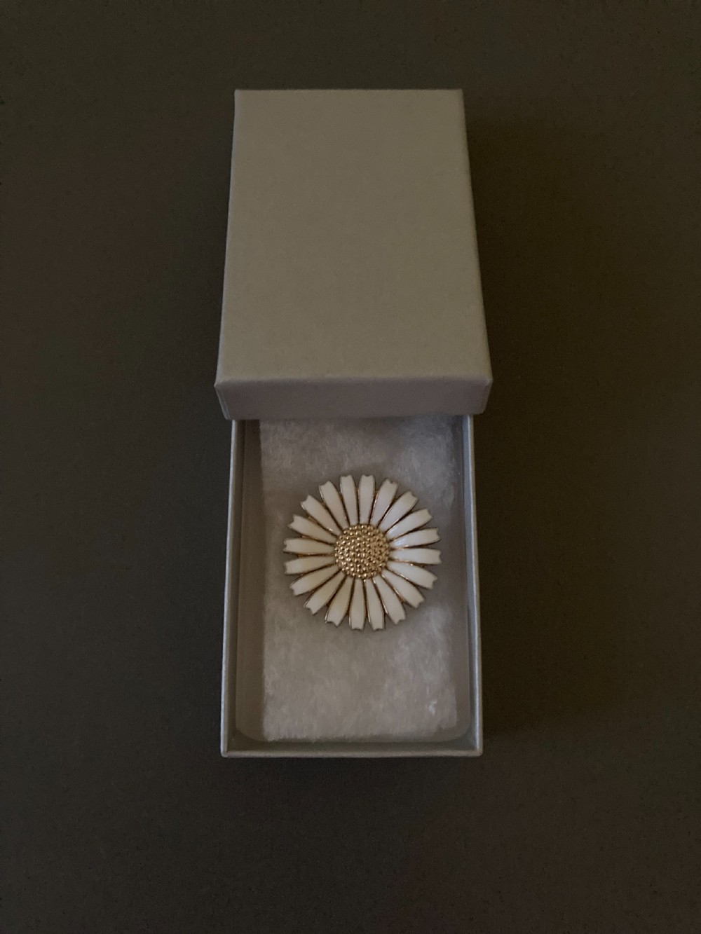 A close-up shot of a round silver and white enamel daisy brooch featuring textured gilt metal details at the centre. View V