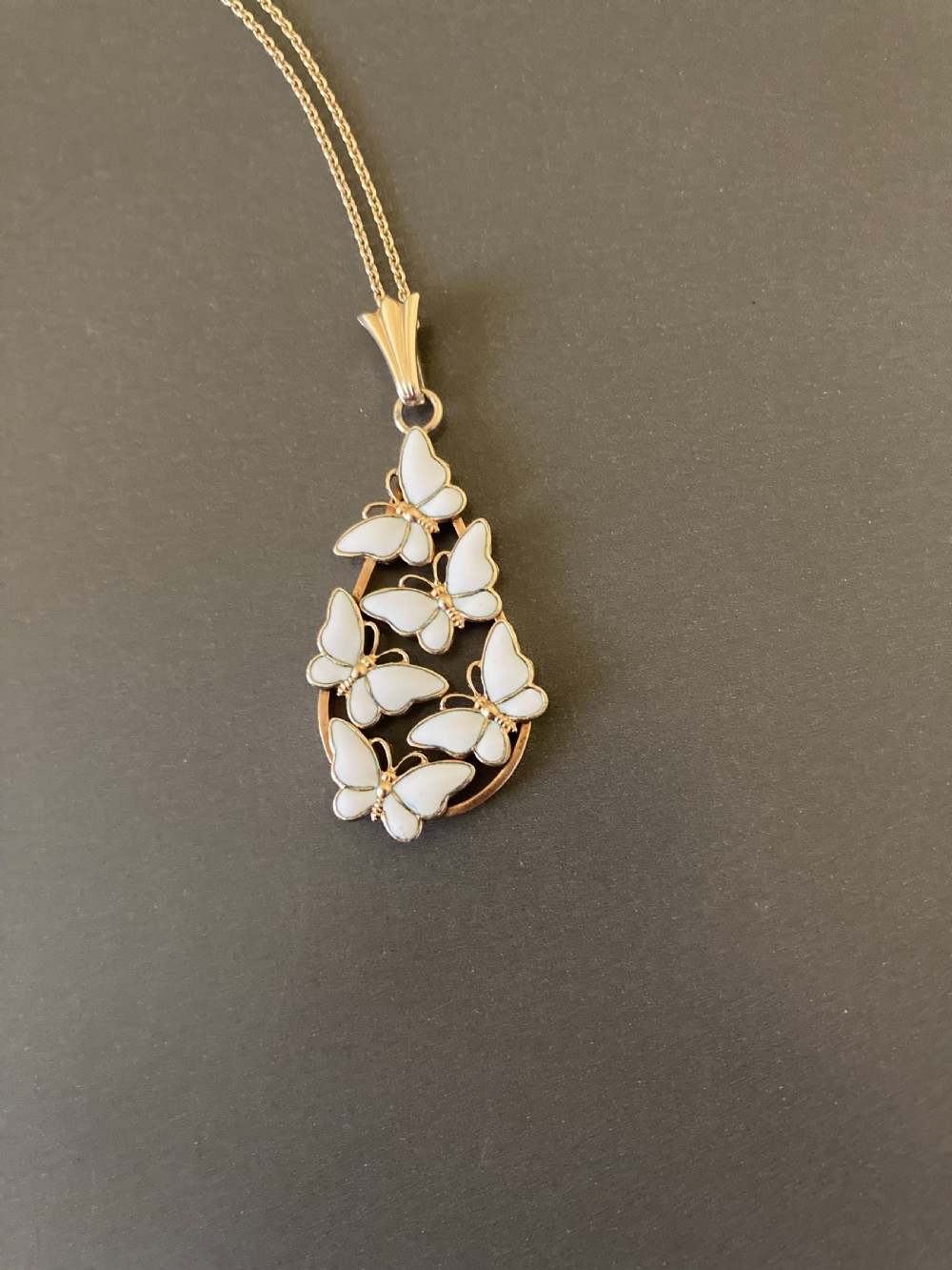 Danish Silver Gilt and White Enamel Pendant with Butterflies. 1960s.