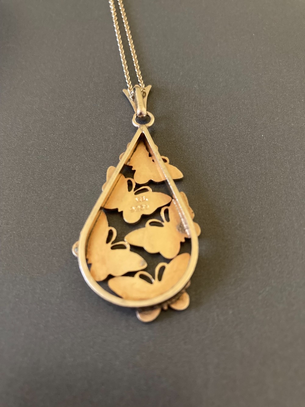 Danish Silver Gilt and White Enamel Pendant with Butterflies. 1960s. View IV