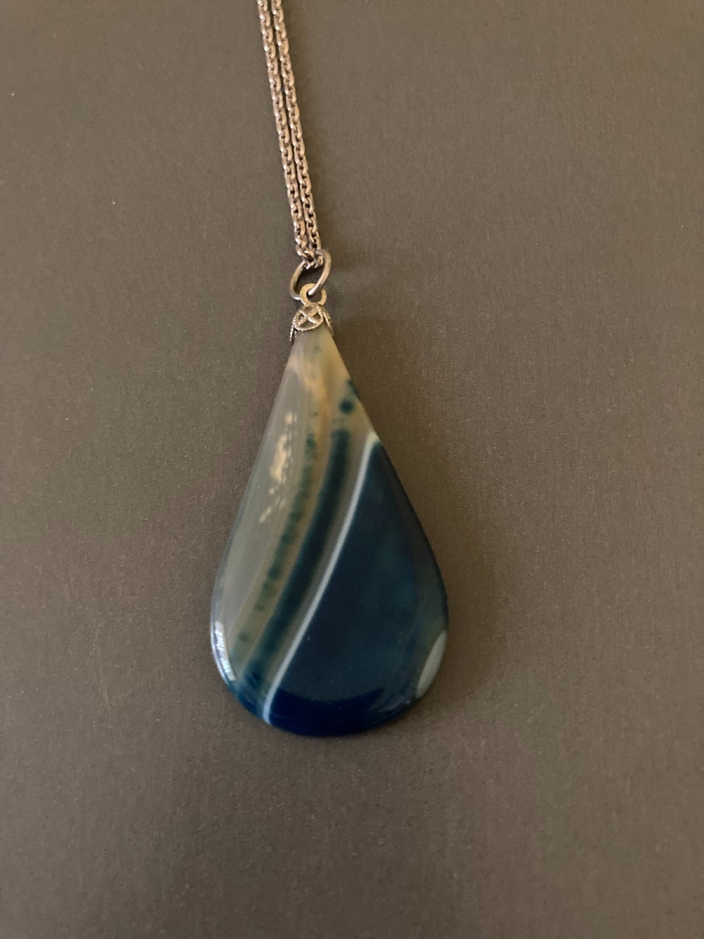 Danish Silver Necklace/Chain with Polished Agate Pendant. 1960s. View III