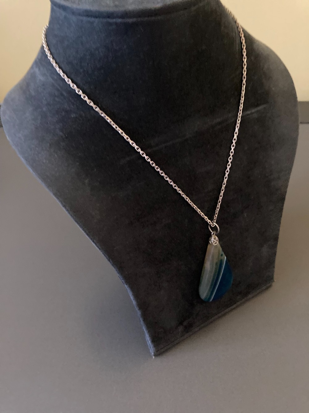 Danish Silver Necklace/Chain with Polished Agate Pendant. 1960s. View V