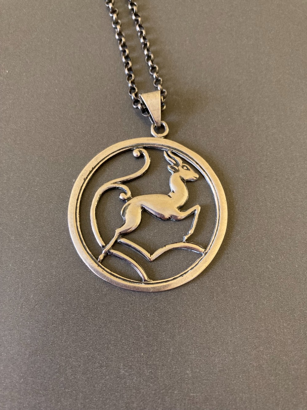 Danish Silver Pendant of Leaping Deer. 1950s. View II