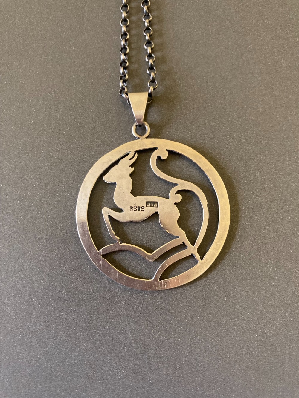 Danish Silver Pendant of Leaping Deer. 1950s. View V