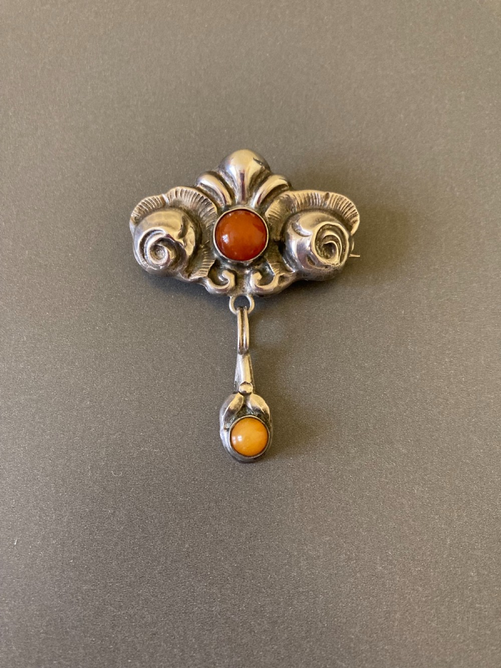 Danish Silver Brooch with Amber. C 1910.