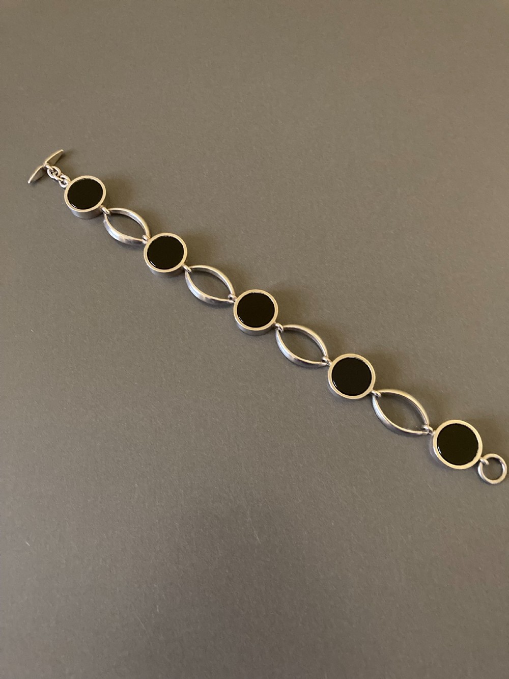 Danish Sterling Silver Bracelet with polished Onyx. 1960s. By N E From.