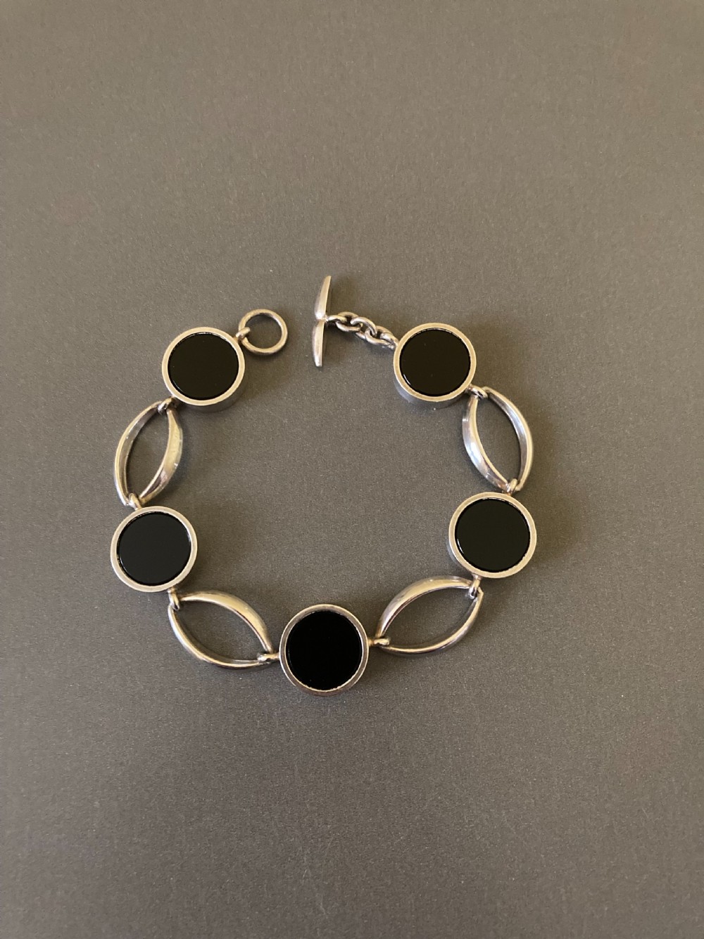 Danish Sterling Silver Bracelet with polished Onyx. 1960s. By N E From. View III