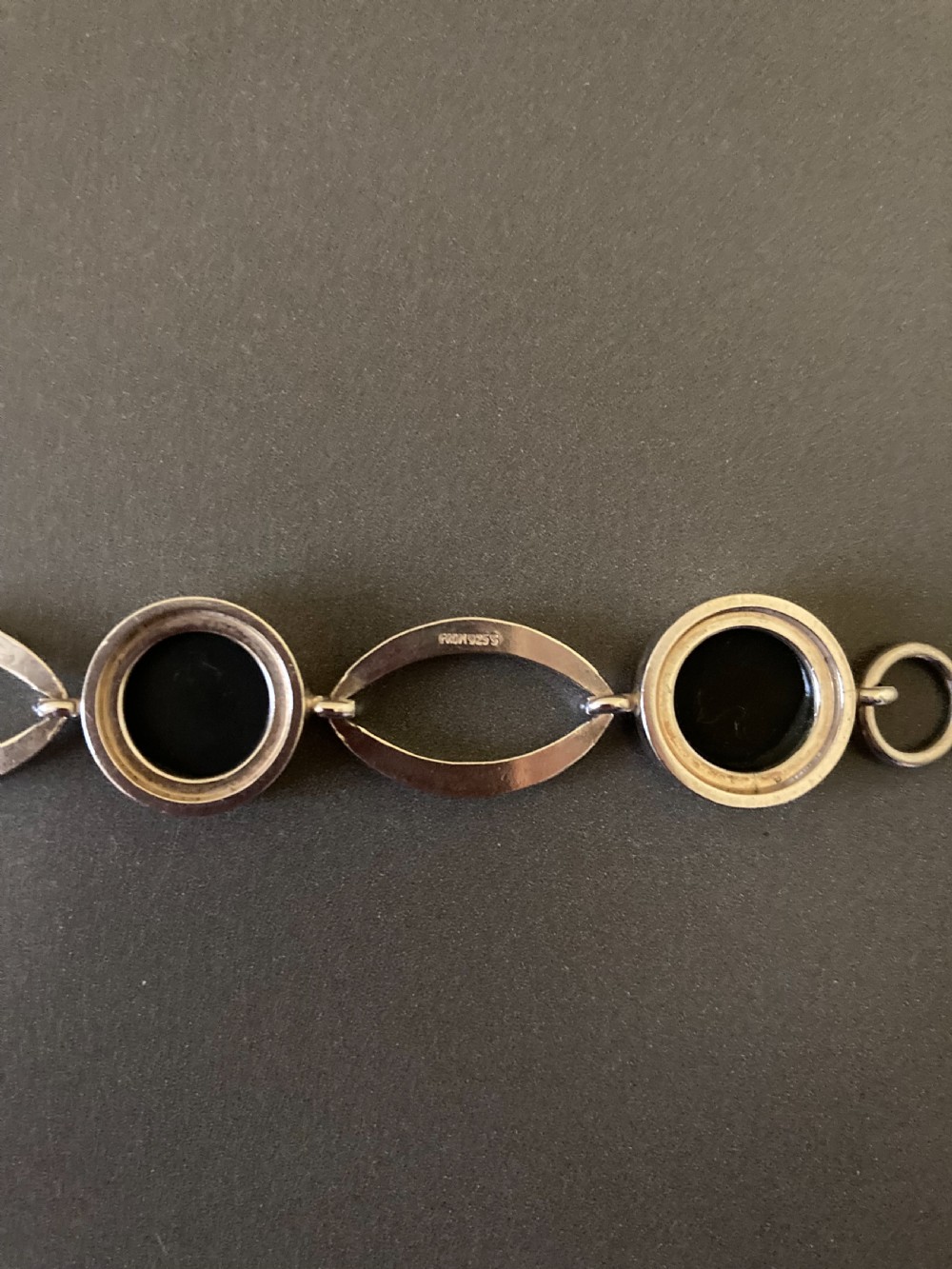 Danish Sterling Silver Bracelet with polished Onyx. 1960s. By N E From. View V