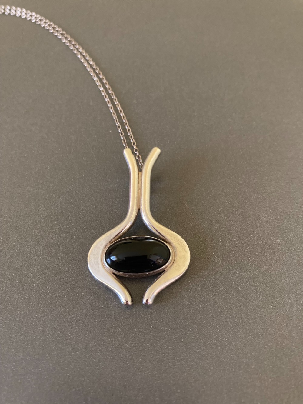 Danish Silver Pendant with polished Onyx. 1960s. By N E From.