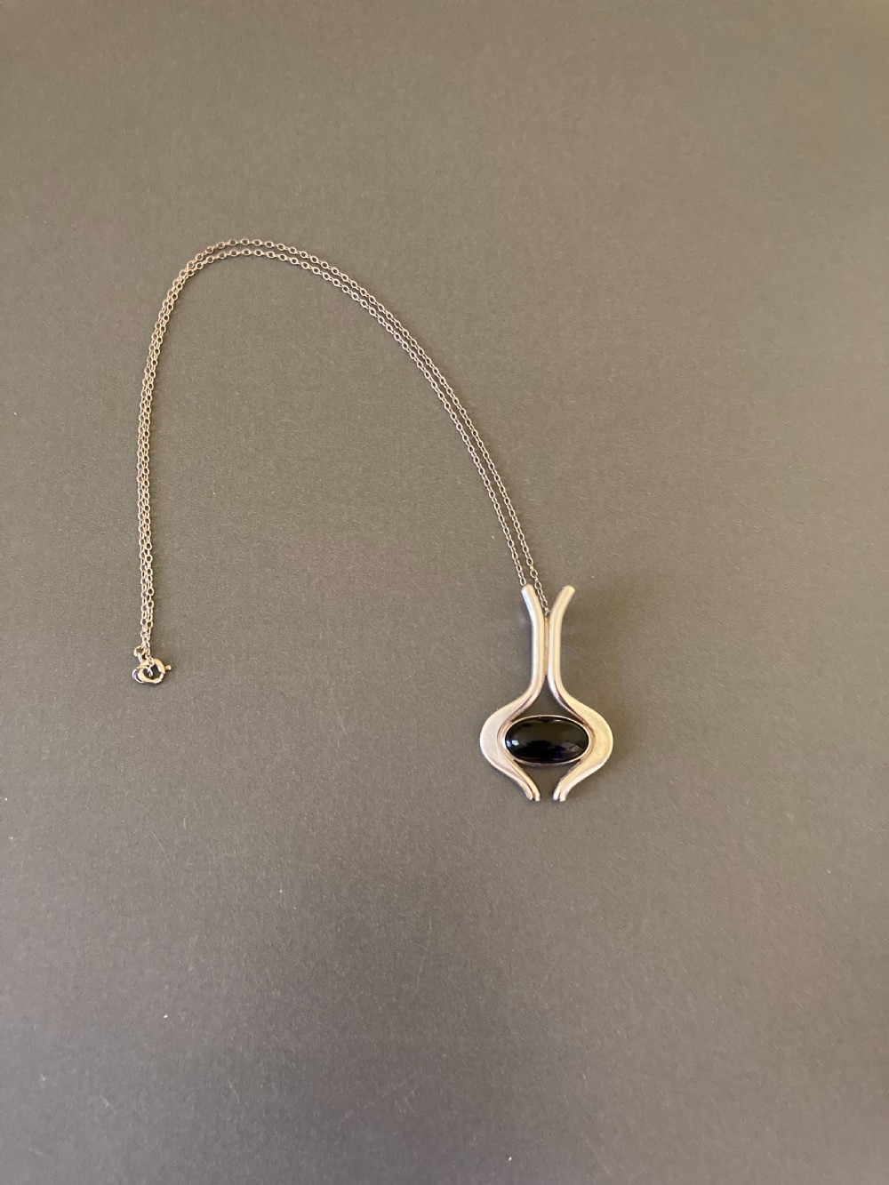 Danish Silver Pendant with polished Onyx. 1960s. By N E From. View II