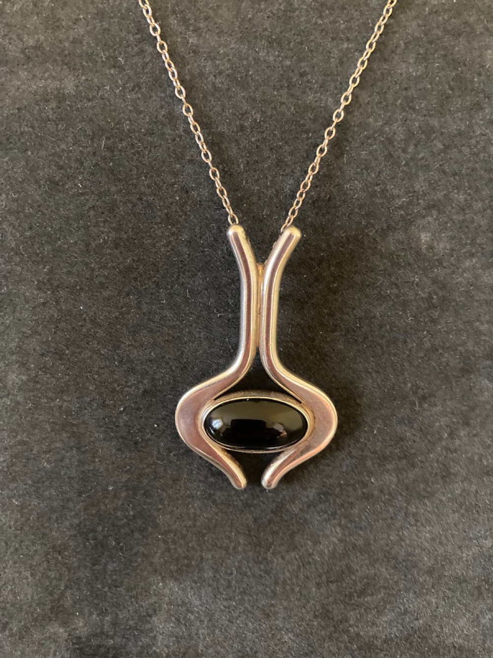 Danish Silver Pendant with polished Onyx. 1960s. By N E From. View IV