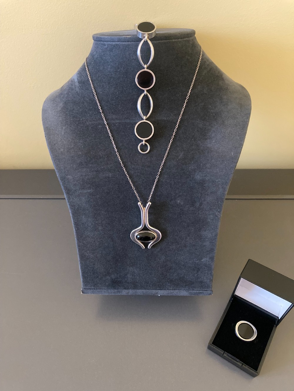 Danish Silver Pendant with polished Onyx. 1960s. By N E From. View VII