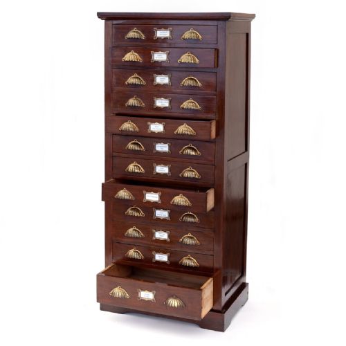 FLIGHT OF 12 WALNUT DRAWERS WITH SCALLOPED BRASS HANDLES - ADDITIONAL PHOTO 1