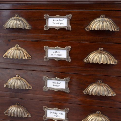 FLIGHT OF 12 WALNUT DRAWERS WITH SCALLOPED BRASS HANDLES - ADDITIONAL PHOTO 2