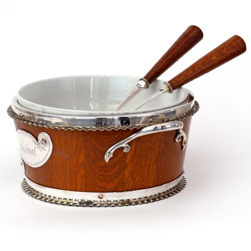 POLISHED OAK AND SILVER PLATE SALAD BOWL WITH ORIGINAL SERVERS - ADDITIONAL PHOTO 1