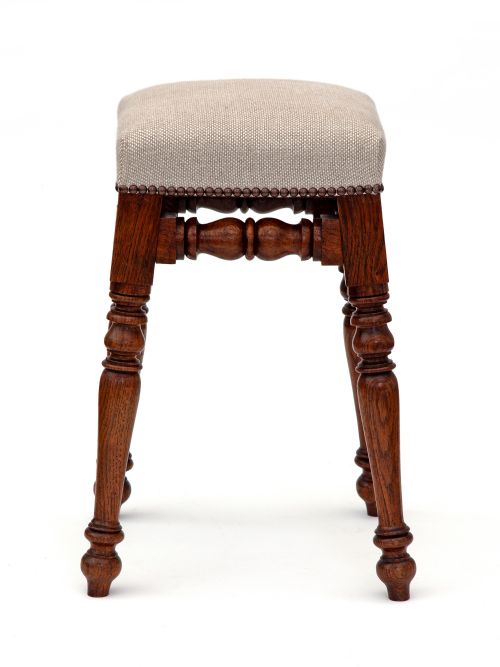 ANTIQUE OAK DRESSING TABLE STOOL UPHOLSTERED IN A TWEED LINEN - ADDITIONAL PHOTO 1