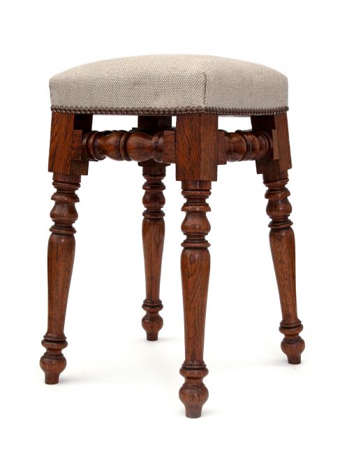 ANTIQUE OAK DRESSING TABLE STOOL UPHOLSTERED IN A TWEED LINEN - ADDITIONAL PHOTO 2