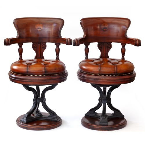 PAIR OF SATINWOOD INLAID MAHOGANY RELEATHERED SWIVELLING SHIPS CHAIRS - ADDITIONAL PHOTO 1