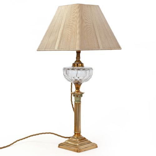 RARE SMALL BRASS CORINTHIAN COLUMN TABLE LAMP WITH CUT GLASS RESERVOIR - ADDITIONAL PHOTO 1