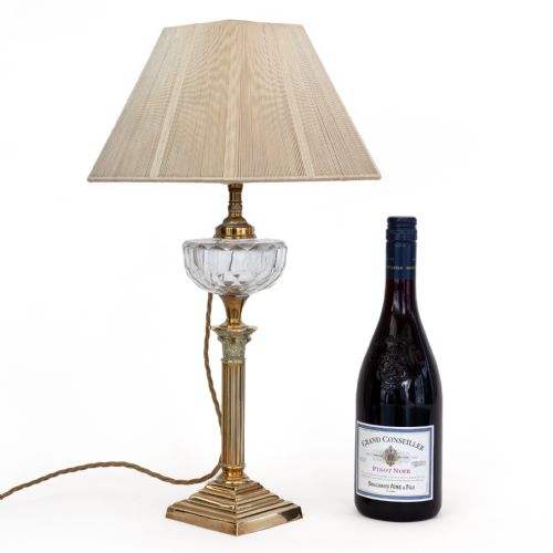 RARE SMALL BRASS CORINTHIAN COLUMN TABLE LAMP WITH CUT GLASS RESERVOIR - ADDITIONAL PHOTO 2