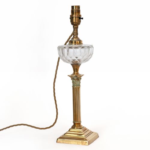 RARE SMALL BRASS CORINTHIAN COLUMN TABLE LAMP WITH CUT GLASS RESERVOIR - ADDITIONAL PHOTO 3