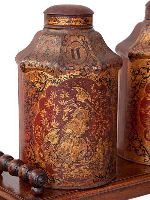 SET OF THREE PAGODA STYLE MAROON CHINA TEA CANISTERS - ADDITIONAL PHOTO 1