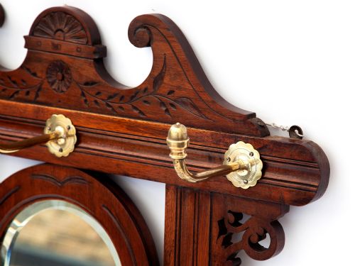 MAHOGANY HORSESHOE MIRROR WITH DEEP BEVELLED PLATE AND BRASS HOOKS - ADDITIONAL PHOTO 1