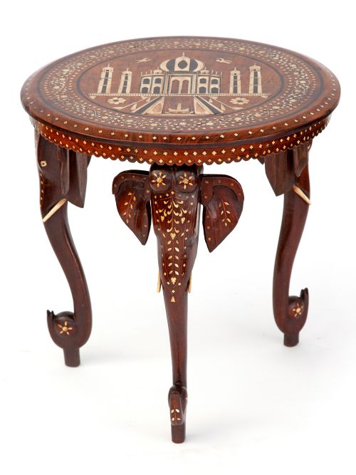 ANTIQUE INLAID TEAK HOSHIARPUR ELEPHANT TRIPOD TAJ MAHAL TABLE - ADDITIONAL PHOTO 1