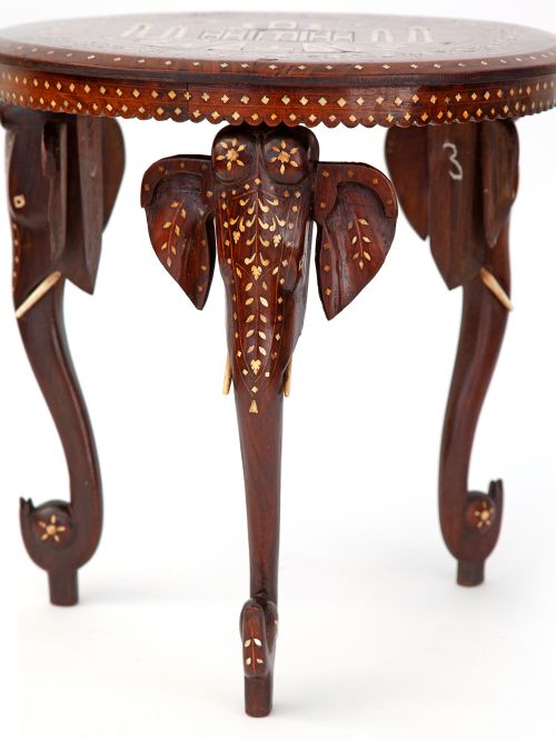 ANTIQUE INLAID TEAK HOSHIARPUR ELEPHANT TRIPOD TAJ MAHAL TABLE - ADDITIONAL PHOTO 2