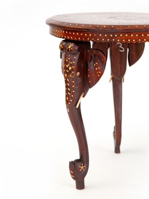 ANTIQUE INLAID TEAK HOSHIARPUR ELEPHANT TRIPOD TAJ MAHAL TABLE - ADDITIONAL PHOTO 3