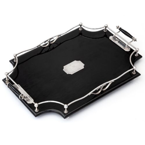 RECTANGULAR EBONISED AND SILVER PLATE GALLERY TRAY WITH SCALLOPED EDGES - ADDITIONAL PHOTO 1