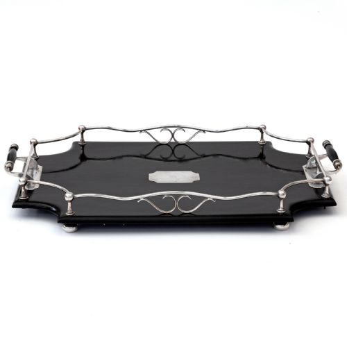 RECTANGULAR EBONISED AND SILVER PLATE GALLERY TRAY WITH SCALLOPED EDGES - ADDITIONAL PHOTO 3